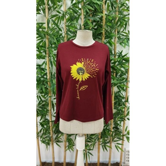 Kadın Uzun Kollu Bisiklet Yaka Ayçiçeği Desenli Viskon Bluz