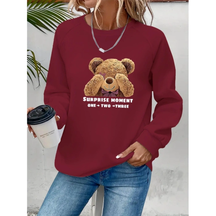 Kadın Uzun Kollu Bisiklet Yaka Ayıcık Desenli Viskon Iki Iplik Bluz