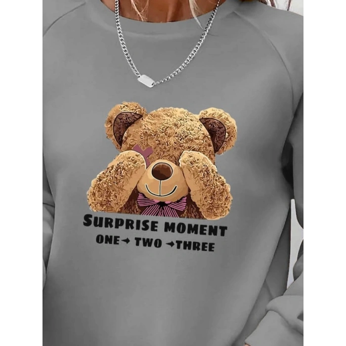 Kadın Uzun Kollu Bisiklet Yaka Ayıcık Desenli Viskon Iki Iplik Bluz