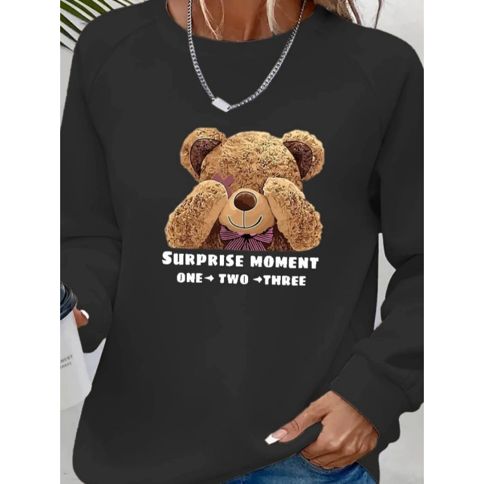 Kadın Uzun Kollu Bisiklet Yaka Ayıcık Desenli Viskon Iki Iplik Bluz