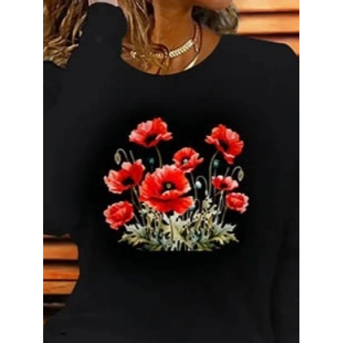 Kadın Uzun Kollu Bisiklet Yaka Baskılı Viskon Bluz