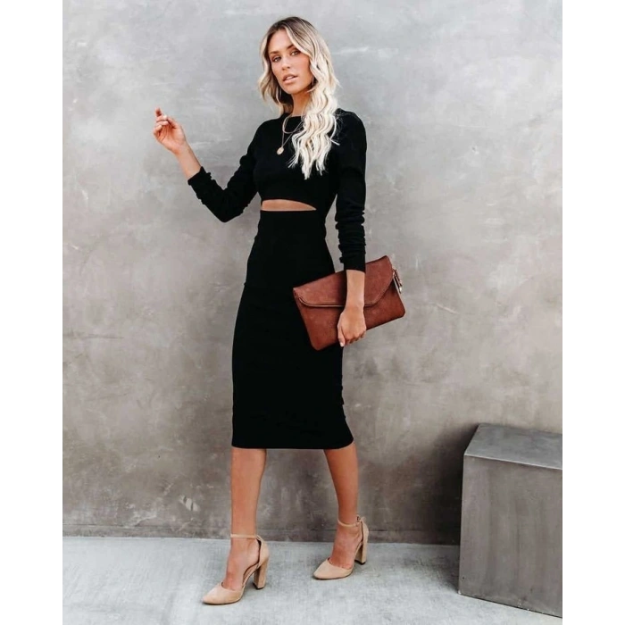 Kadın Uzun Kollu Bisiklet Yaka Bel Dekolteli Krep Midi Boy Elbise