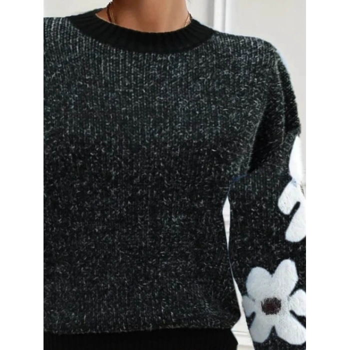 Kadın Uzun Kollu Bisiklet Yaka çiçek Desenli Triko Bluz