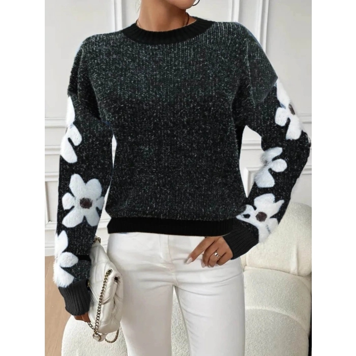 Kadın Uzun Kollu Bisiklet Yaka çiçek Desenli Triko Bluz