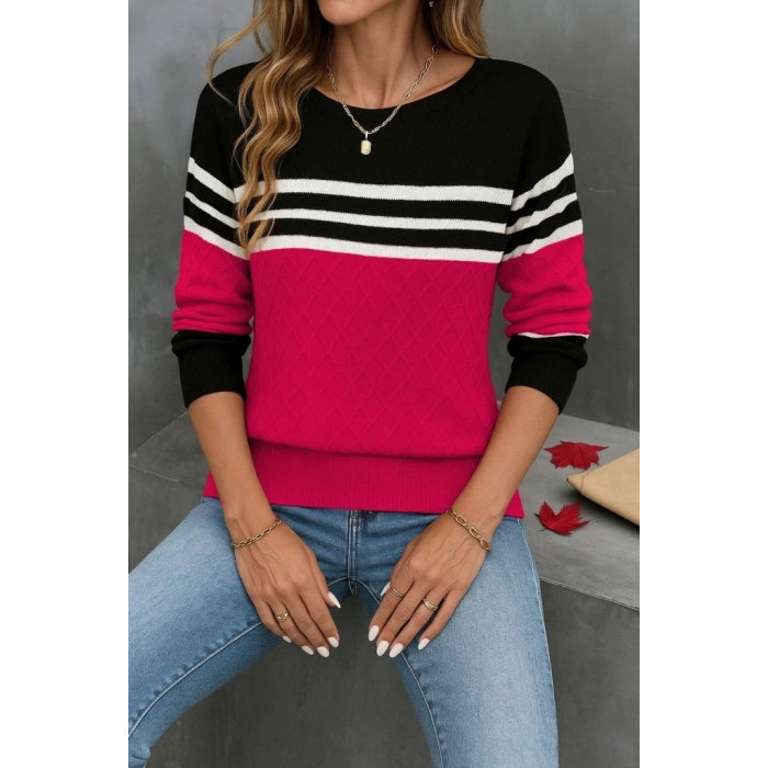 Kadın Uzun Kollu Bisiklet Yaka çok Renkli Triko Bluz