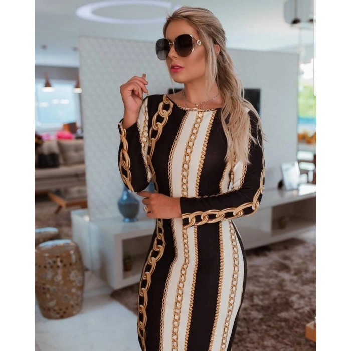 Kadın Uzun Kollu Bisiklet Yaka cuba Midi Boy Elbise