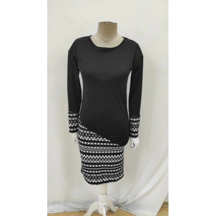 Kadın Uzun Kollu Bisiklet Yaka Desenli Dalgıç Elbise