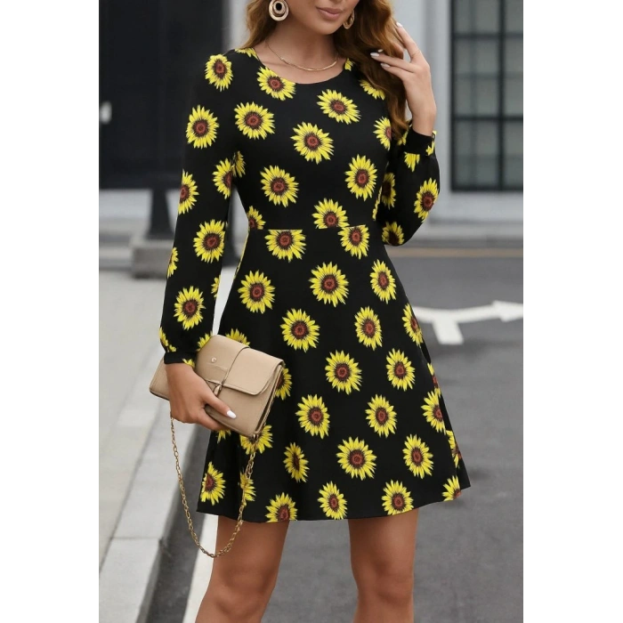 Kadın Uzun Kollu Bisiklet Yaka Desenli Kısa Krep Elbise