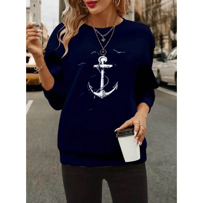 Kadın Uzun Kollu Bisiklet Yaka Desenli Viskon Iki Iplik Bluz