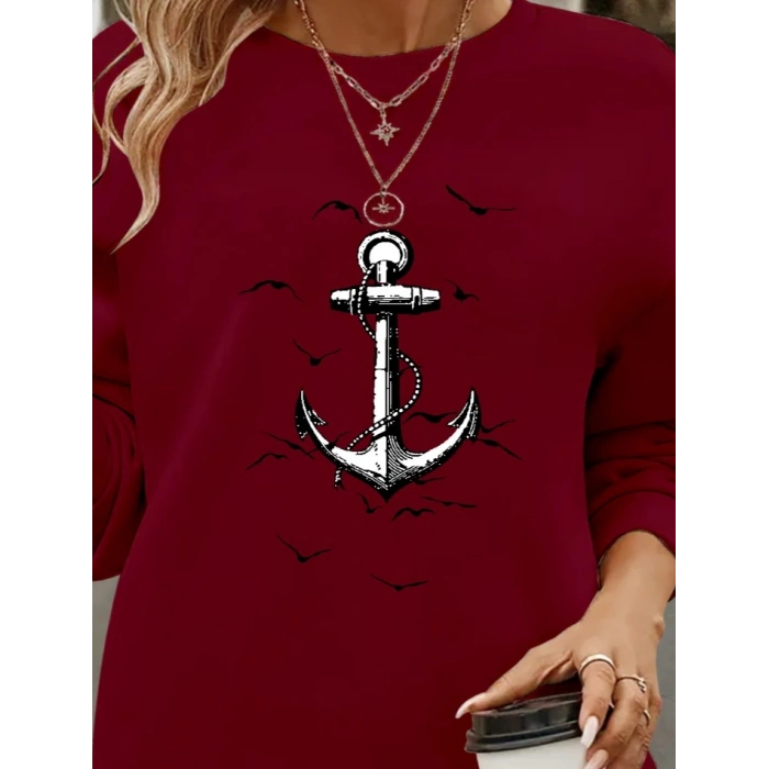 Kadın Uzun Kollu Bisiklet Yaka Desenli Viskon Iki Iplik Bluz