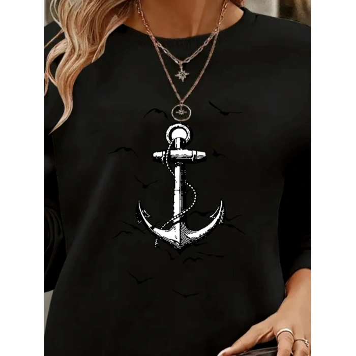 Kadın Uzun Kollu Bisiklet Yaka Desenli Viskon Iki Iplik Bluz