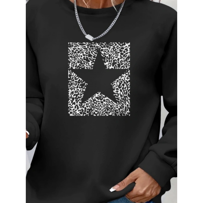 Kadın Uzun Kollu Bisiklet Yaka Desenli Viskon Iki Iplik Bluz