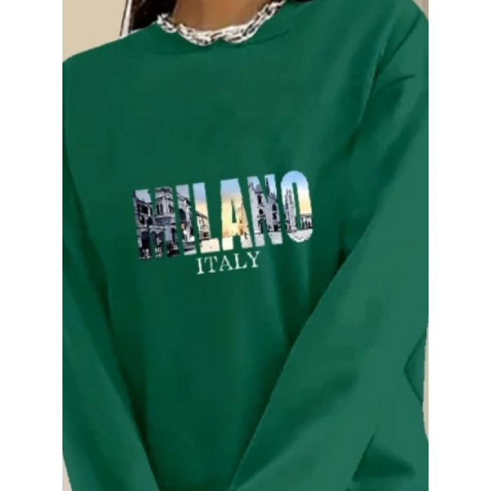 Kadın Uzun Kollu Bisiklet Yaka Desenli Viskon Iki Iplik Bluz