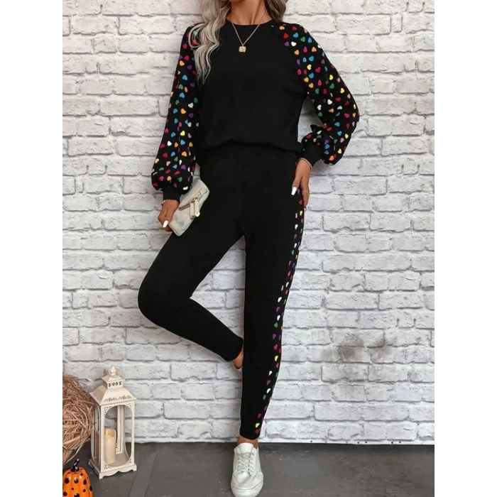 Kadın Uzun Kollu Bisiklet Yaka Desenli Viskon Iki Iplik Bluz Ve Pantolon Ikili Takım