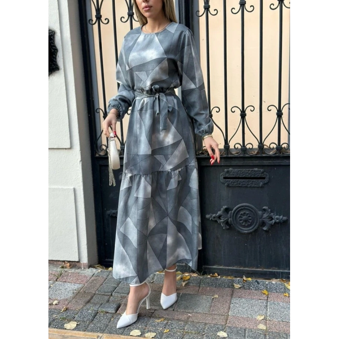 Kadın Uzun Kollu Bisiklet Yaka Geometrik Desen Baskılı Kuşak Dahil Maxi Boy Elbise