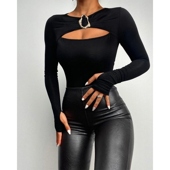 Kadın Uzun Kollu Bisiklet Yaka Göğüs Dekolteli Viskon Bluz