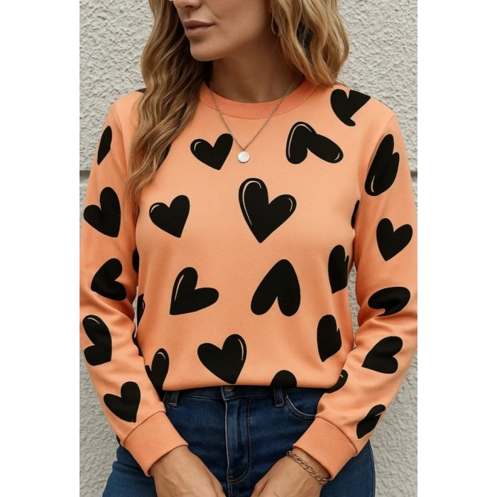 Kadın Uzun Kollu Bisiklet Yaka Kalp Desenli Iki Iplik Bluz