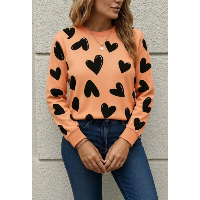 Kadın Uzun Kollu Bisiklet Yaka Kalp Desenli Iki Iplik Bluz