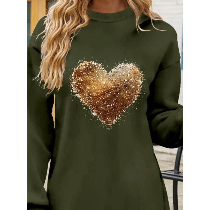 Kadın Uzun Kollu Bisiklet Yaka Kalp Desenli Viskon Iki Iplik Bluz