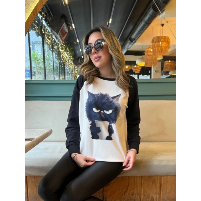 Kadın Uzun Kollu Bisiklet Yaka Kedi Baskılı şardonlu Dalgıç Bluz