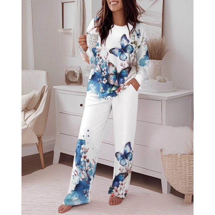 Kadın Uzun Kollu Bisiklet Yaka Kelebek Desenli Iki Iplik Alt üst Takım