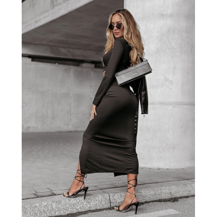 Kadın Uzun Kollu Bisiklet Yaka Kısa Krop Dalgıç Bluz Ile önden Yırtmaçlı Uzun Etek Ikili Takım