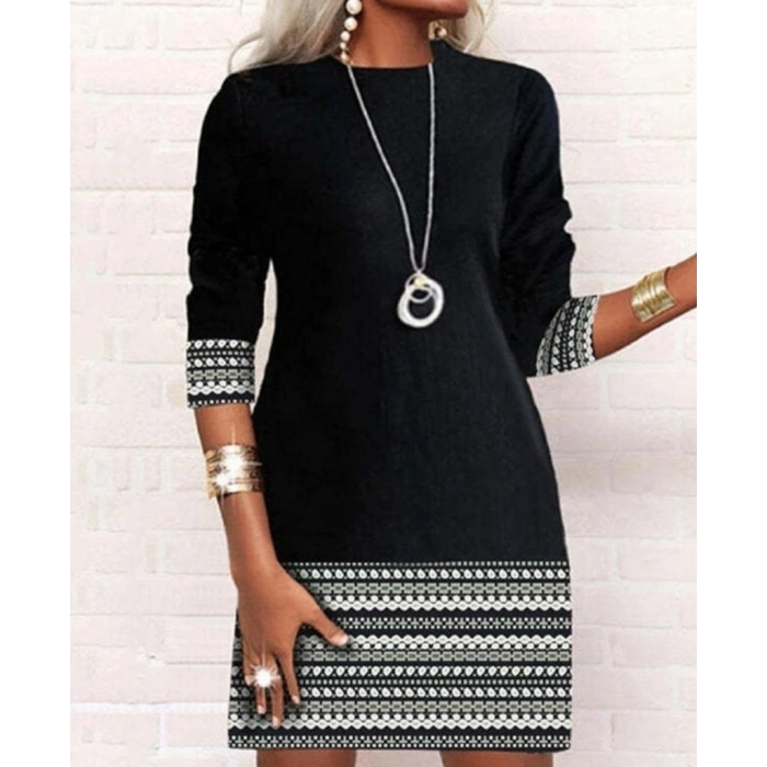 Kadın Uzun Kollu Bisiklet Yaka Kol Ağzı Ve Etek Ucu Baskılı Iki Iplik Elbise