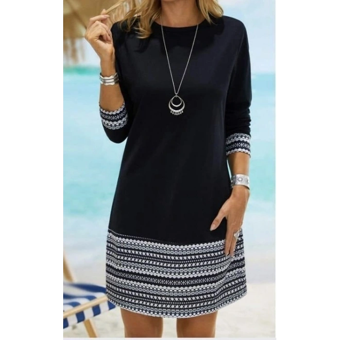 Kadın Uzun Kollu Bisiklet Yaka Kol Ağzı Ve Etek Ucu Baskılı Iki Iplik Elbise