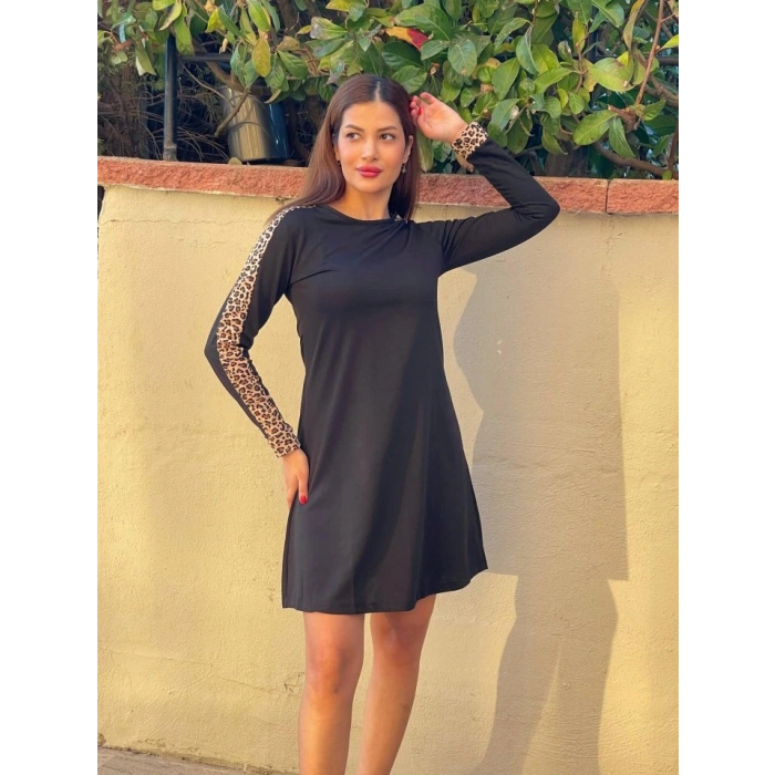 Kadın Uzun Kollu Bisiklet Yaka Kollar Leopar Detay Iki Iplik Mini Boy Elbise