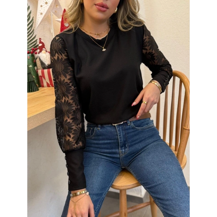 Kadın Uzun Kollu Bisiklet Yaka Kolları çiçekli Waffle Bluz