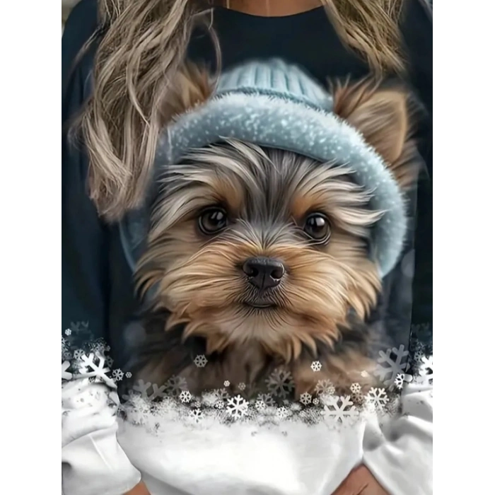 Kadın Uzun Kollu Bisiklet Yaka Köpek Baskılı şardonlu Dalgıç Bluz