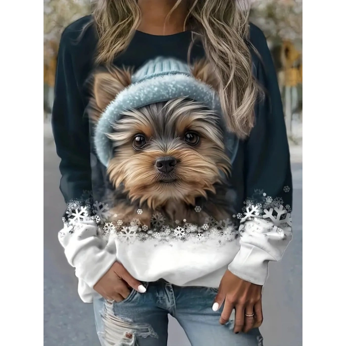 Kadın Uzun Kollu Bisiklet Yaka Köpek Baskılı şardonlu Dalgıç Bluz