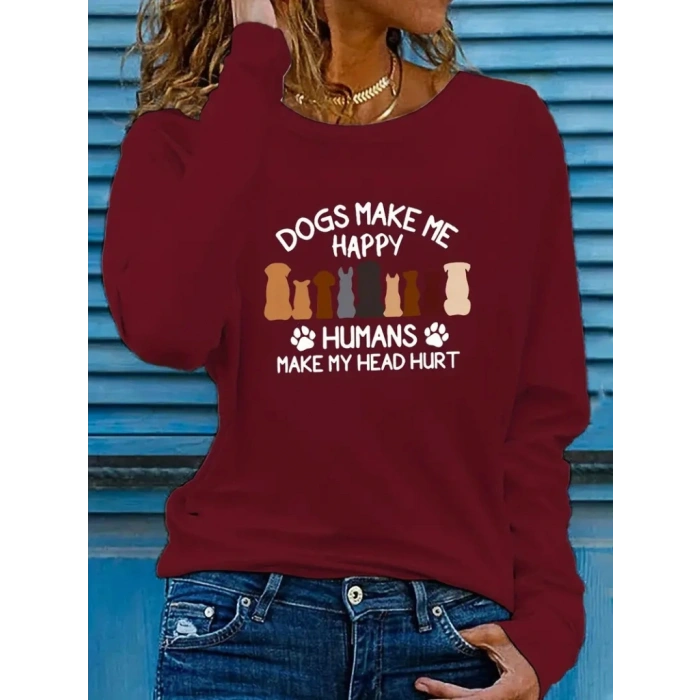 Kadın Uzun Kollu Bisiklet Yaka Köpek Resimli Viskon Bluz