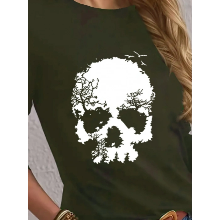 Kadın Uzun Kollu Bisiklet Yaka Kurukafa Desenli Viskon Bluz