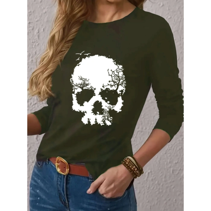 Kadın Uzun Kollu Bisiklet Yaka Kurukafa Desenli Viskon Bluz