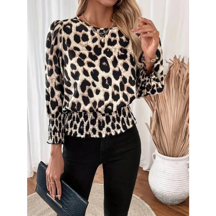 Kadın Uzun Kollu Bisiklet Yaka Leopar Desenli Modal Bluz