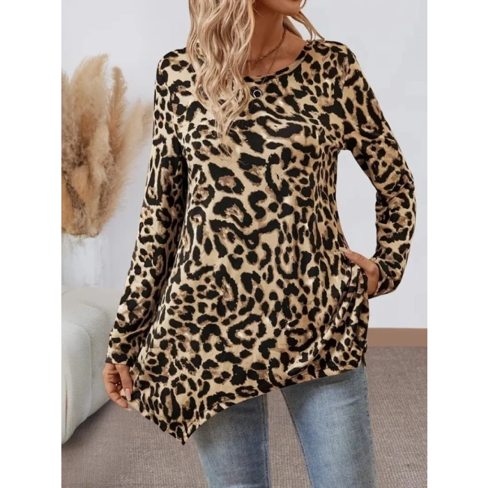 Kadın Uzun Kollu Bisiklet Yaka Leopar Desenli Süprem Bluz