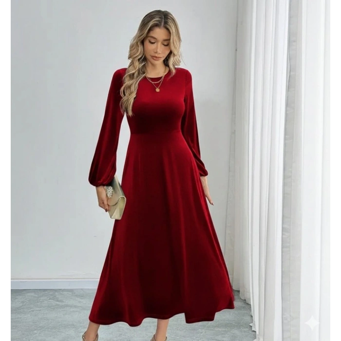 Kadın Uzun Kollu Bisiklet Yaka Midi Kadife Elbise