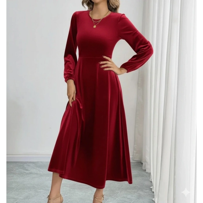 Kadın Uzun Kollu Bisiklet Yaka Midi Kadife Elbise