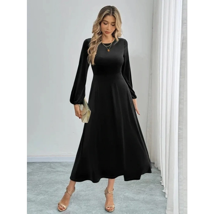 Kadın Uzun Kollu Bisiklet Yaka Midi Kadife Elbise