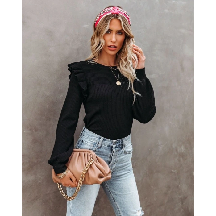Kadın Uzun Kollu Bisiklet Yaka Omuzları Fırfırlı Triko Bluz