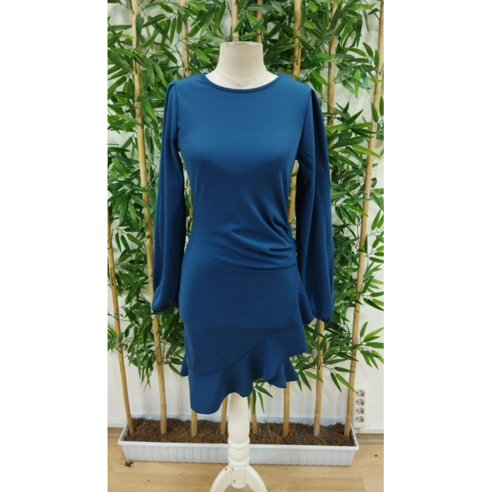 Kadın Uzun Kollu Bisiklet Yaka önden Volanlı Ithal Krep Elbise