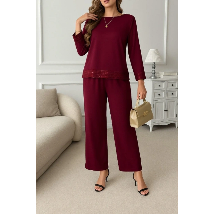 Kadın Uzun Kollu Bisiklet Yaka Pulpayetli Viskon Iki Iplik Bluz Ve Pantolon Ikili Takım