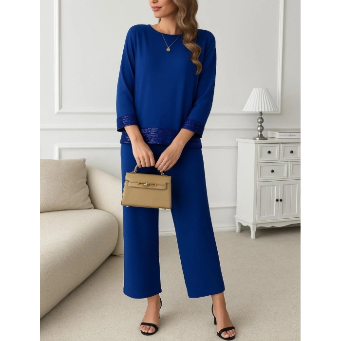 Kadın Uzun Kollu Bisiklet Yaka Pulpayetli Viskon Iki Iplik Bluz Ve Pantolon Ikili Takım