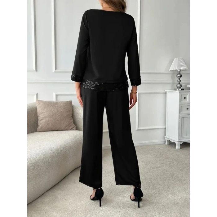 Kadın Uzun Kollu Bisiklet Yaka Pulpayetli Viskon Iki Iplik Bluz Ve Pantolon Ikili Takım
