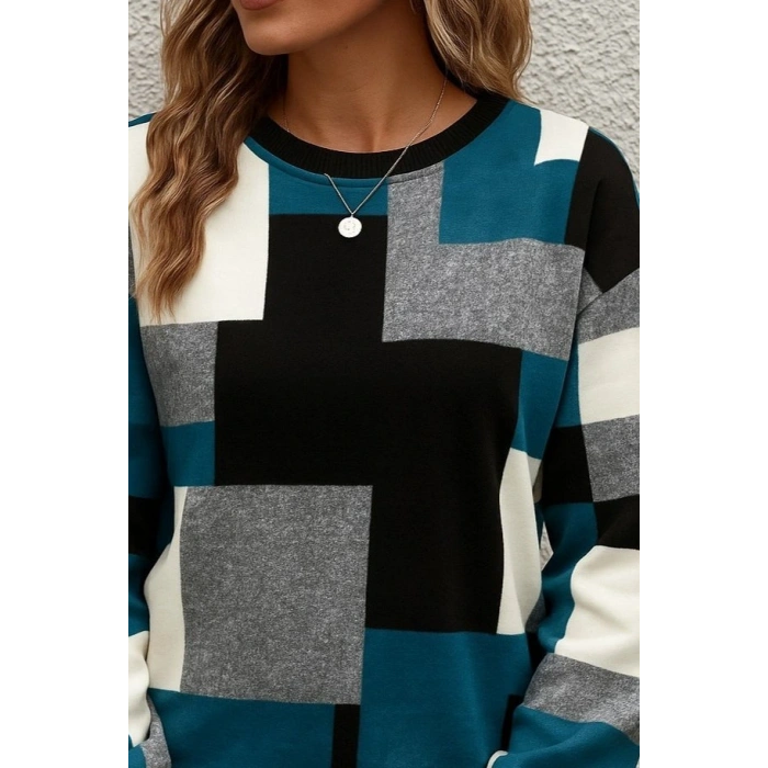 Kadın Uzun Kollu Bisiklet Yaka Renkli Blok Baskı Dalgıç Bluz