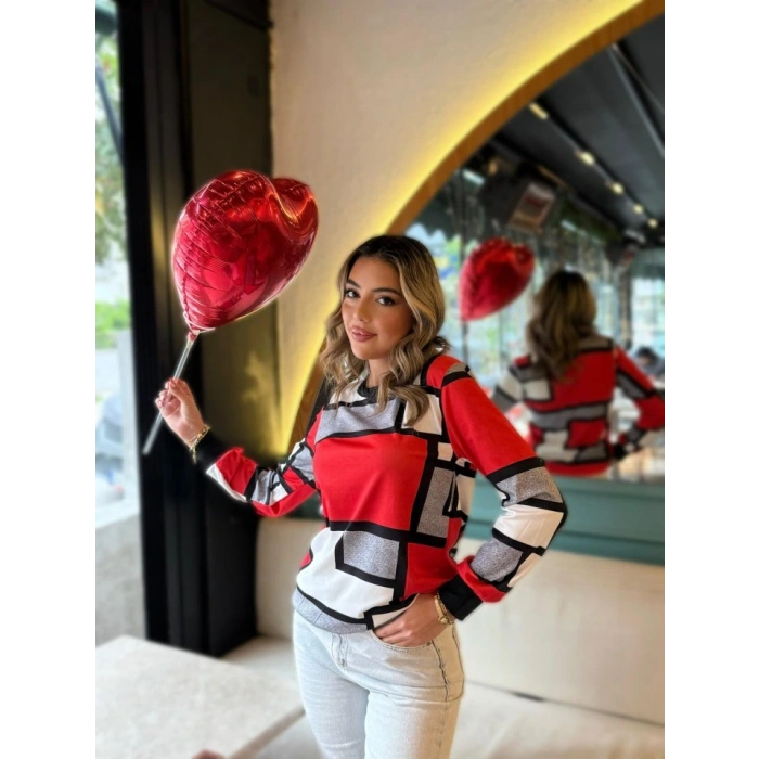 Kadın Uzun Kollu Bisiklet Yaka Renkli Blok Baskı Dalgıç Bluz