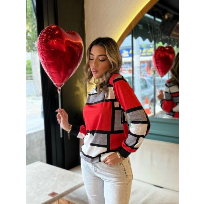 Kadın Uzun Kollu Bisiklet Yaka Renkli Blok Baskı Dalgıç Bluz