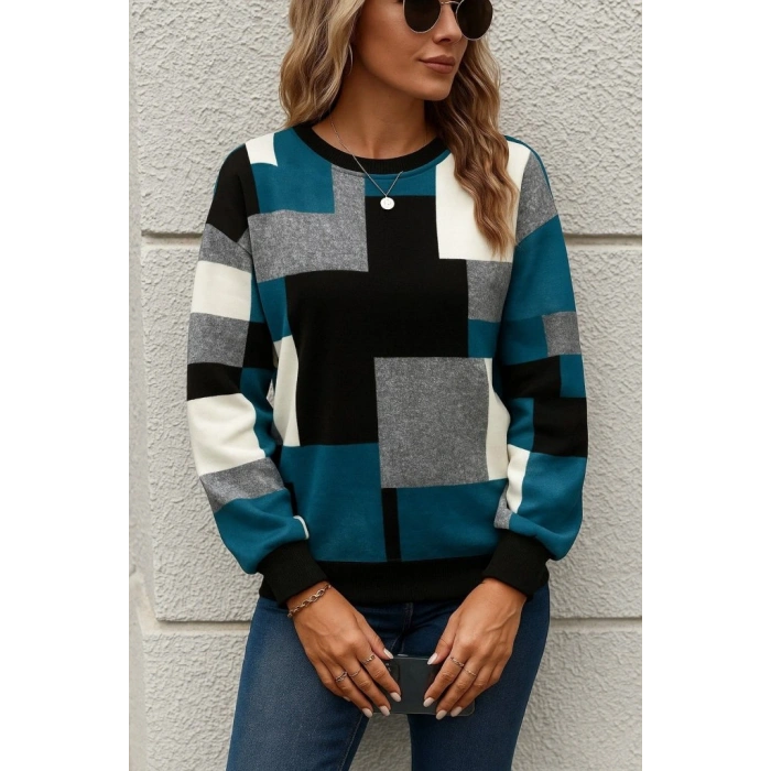 Kadın Uzun Kollu Bisiklet Yaka Renkli Blok Baskı Dalgıç Bluz