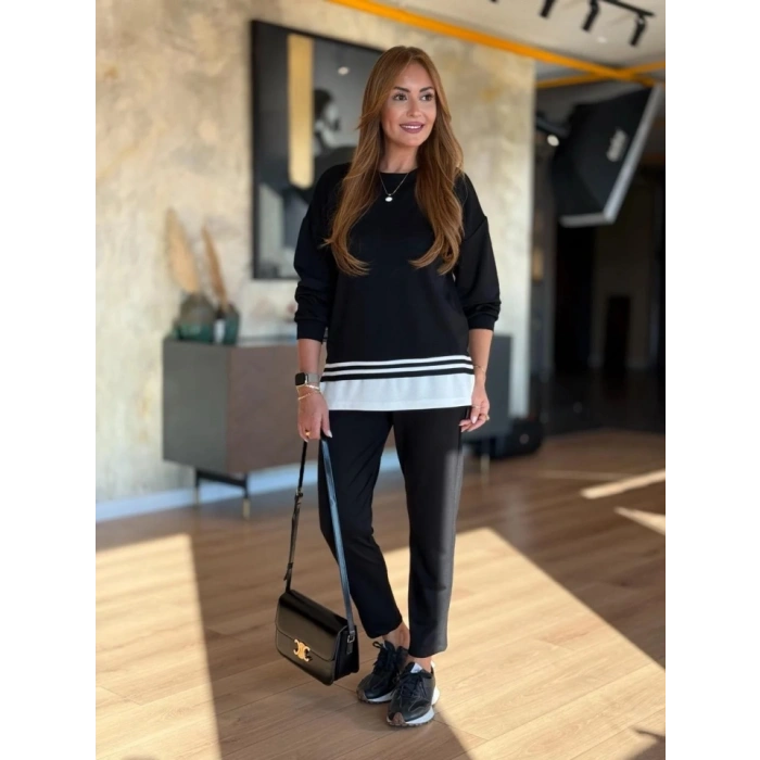 Kadın Uzun Kollu Bisiklet Yaka Ribana Detay weat Ve Pantolon Ikili Takım